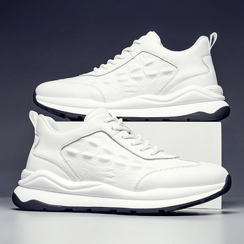 Adidași casual cu talpă groasă pentru bărbați, din piele de vițel de primă calitate, talpă PU cu strat de cauciuc, talpă joasă, vârf rotund, închidere cu șireturi.