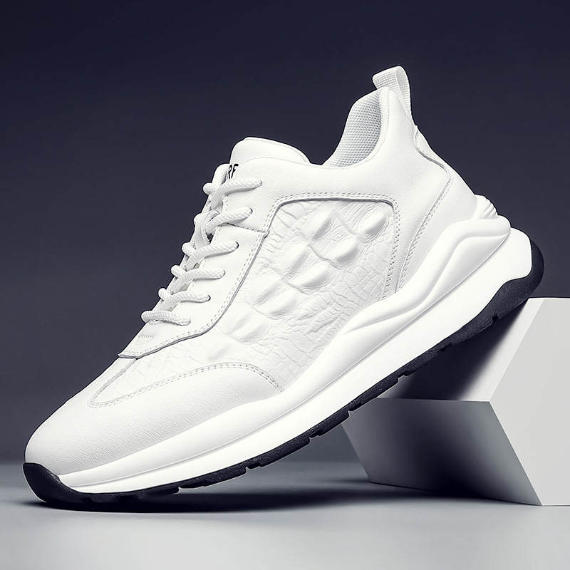 Adidași casual cu talpă groasă pentru bărbați, din piele de vițel de primă calitate, talpă PU cu strat de cauciuc, talpă joasă, vârf rotund, închidere cu șireturi.