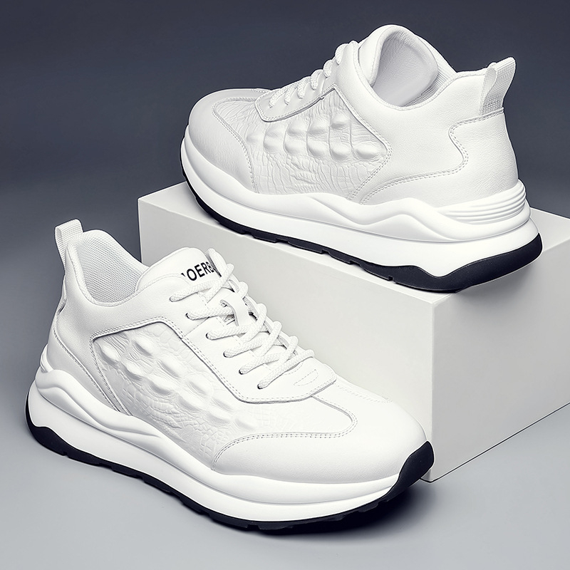 Adidași casual cu talpă groasă pentru bărbați, din piele de vițel de primă calitate, talpă PU cu strat de cauciuc, talpă joasă, vârf rotund, închidere cu șireturi.