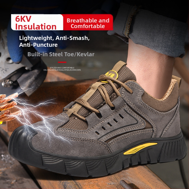 Сигурни работни обувки с изолация; велурова телешка кожа, пластмасов протектор на пръста, нисък горен дизайн, антиударна и антипробивна защита