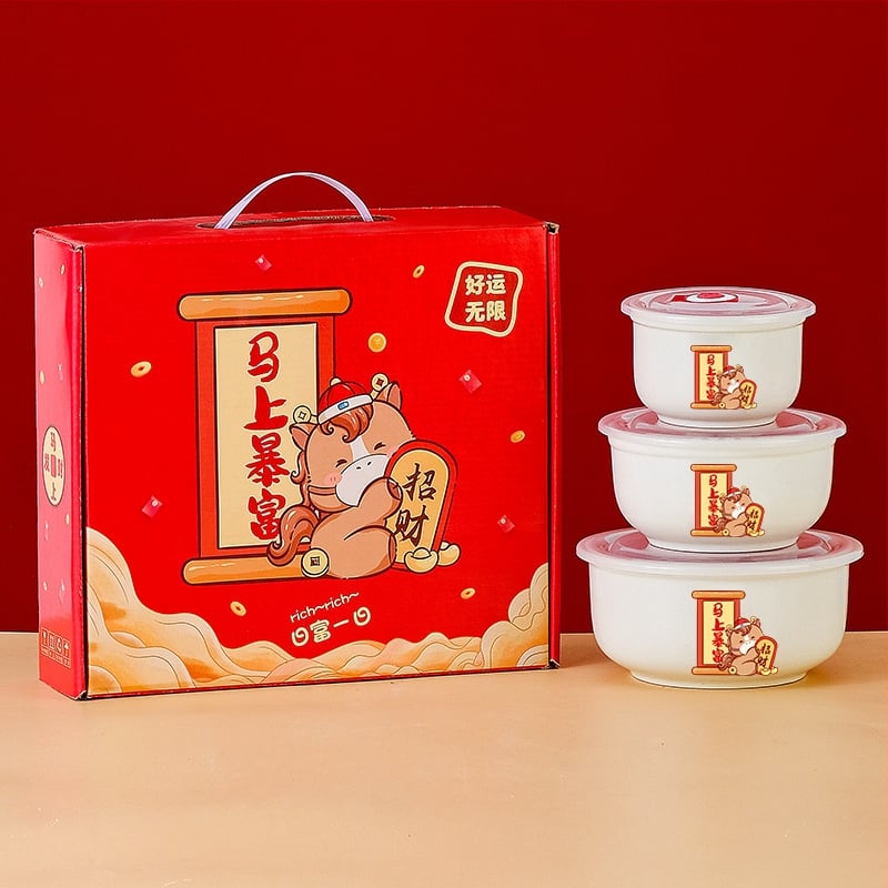 Κεραμικό μπολ διατήρησης φρεσκάδας με σφραγιζόμενο καπάκι, σετ δώρου τριών τεμαχίων για τη Χρονιά του Αλόγου, δυνατότητα εκτύπωσης λογότυπου