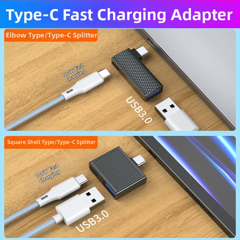 Type-C 90° dvojportový adaptér, PD100W rýchle nabíjanie, USB 3.0, OTG, telo zo zinkovej zliatiny