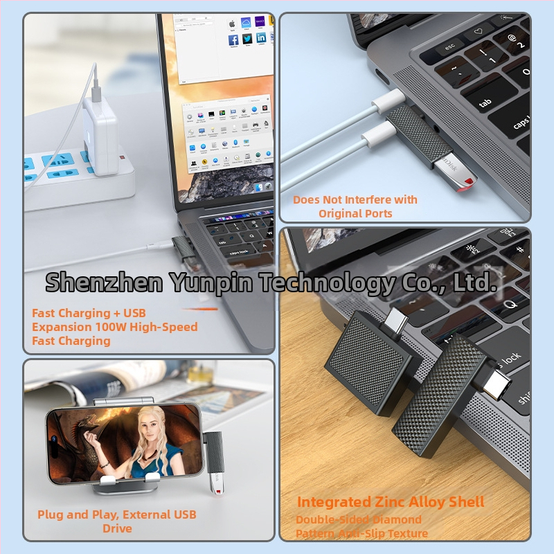 Type-C 90° dvojportový adaptér, PD100W rýchle nabíjanie, USB 3.0, OTG, telo zo zinkovej zliatiny