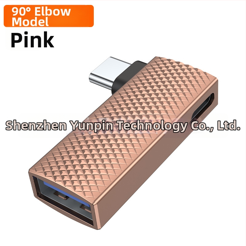 Type-C 90° dvojportový adaptér, PD100W rýchle nabíjanie, USB 3.0, OTG, telo zo zinkovej zliatiny