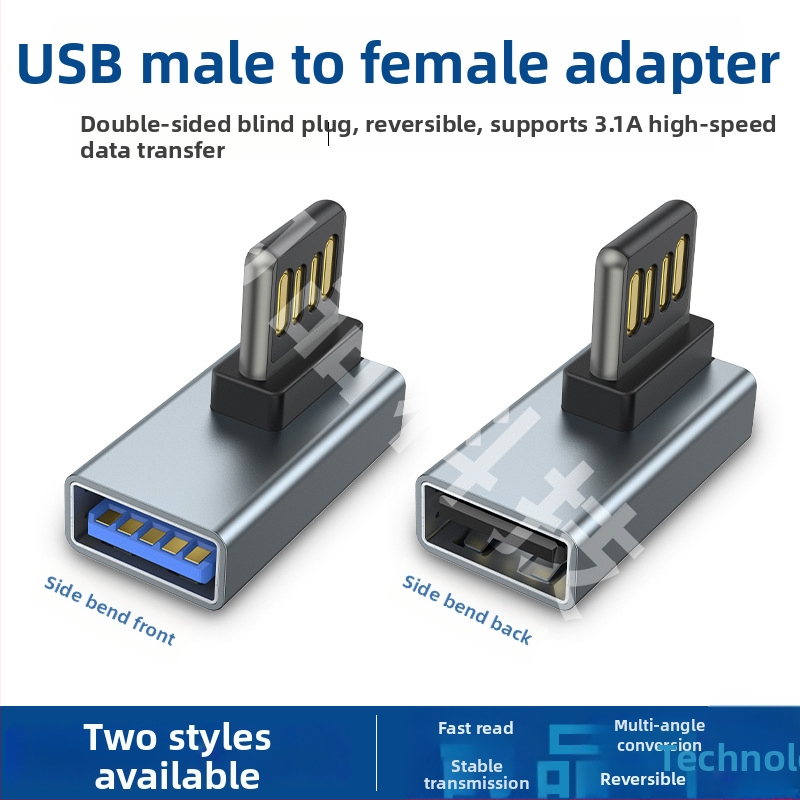 Adaptor USB 2.0 unghiular 90°, M–F, conector dublu blind, pentru laptop și încărcare în mașină, compatibil cu Huawei, Samsung, Xiaomi, Oppo