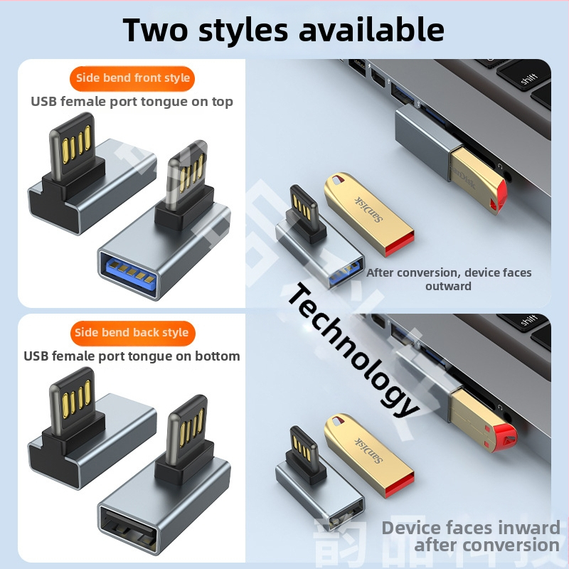 Adaptor USB 2.0 unghiular 90°, M–F, conector dublu blind, pentru laptop și încărcare în mașină, compatibil cu Huawei, Samsung, Xiaomi, Oppo