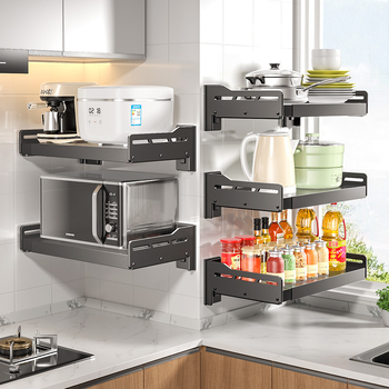 Αναδιπλούμενο ράφι τοίχου για φούρνο μικροκυμάτων — εγκατάσταση χωρίς τρύπες, σώμα από ανθρακούχο χάλυβα, ανθεκτικό στήριγμα από ανοξείδωτο χάλυβα