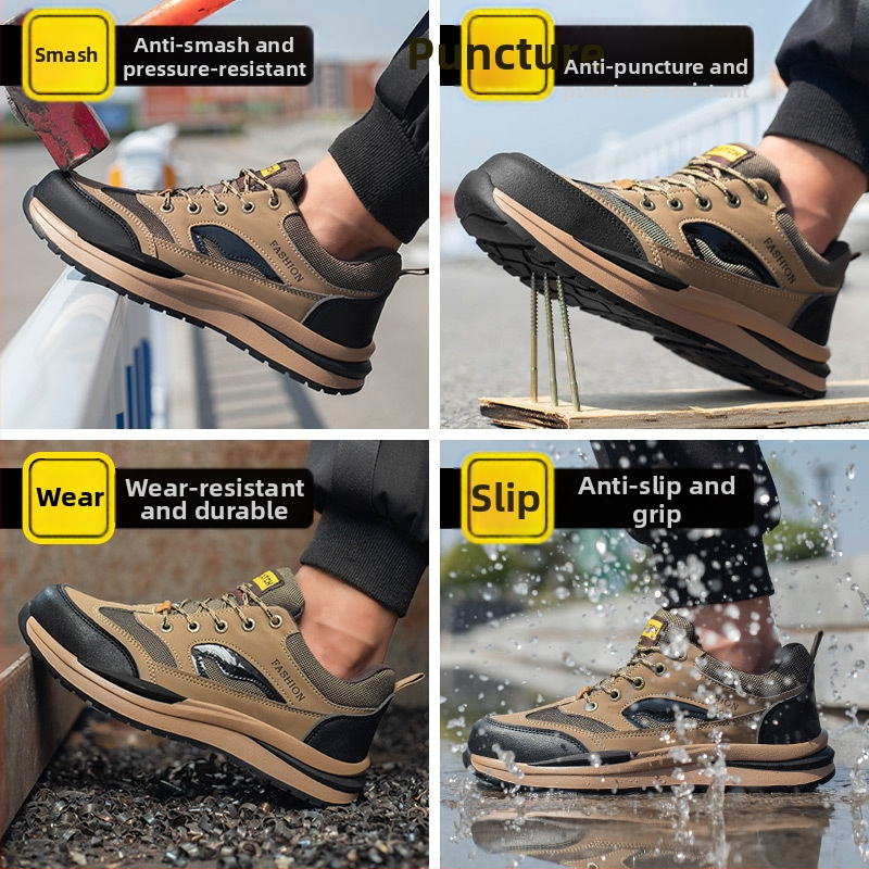 Мъжки обувки за безопасност за планински туризъм – дишащи микрофибърна кожа + платно, нисък горен, стоманен нос, антиударни и антипробивни