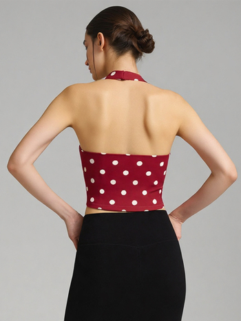 Γυναικείο τοπ γιόγκα με εκτύπωση σε πλέγμα, halter V-λαιμό, ανοιχτή πλάτη — ύφασμα που στεγνώνει γρήγορα, 20% σπάντεξ, για πιλάτες και γυμναστική