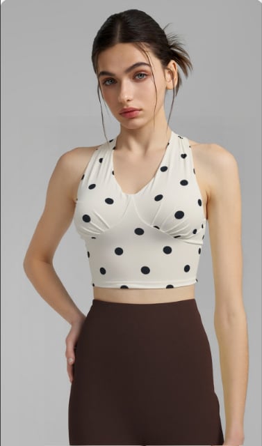 Γυναικείο τοπ γιόγκα με εκτύπωση σε πλέγμα, halter V-λαιμό, ανοιχτή πλάτη — ύφασμα που στεγνώνει γρήγορα, 20% σπάντεξ, για πιλάτες και γυμναστική