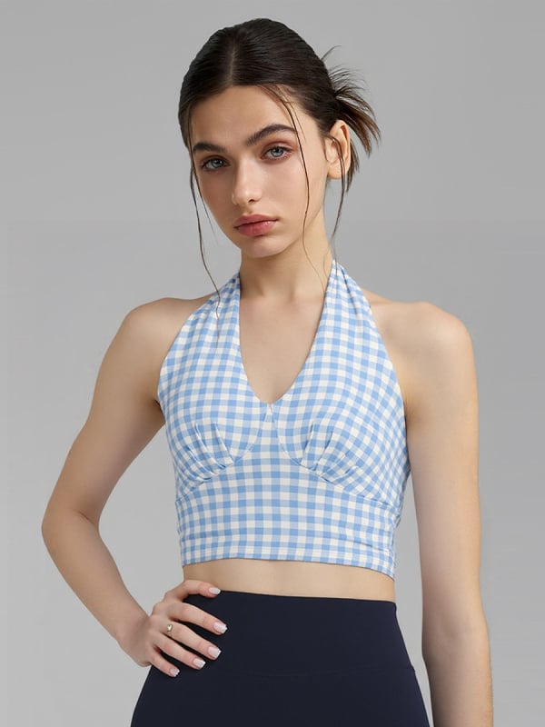 Γυναικείο τοπ γιόγκα με εκτύπωση σε πλέγμα, halter V-λαιμό, ανοιχτή πλάτη — ύφασμα που στεγνώνει γρήγορα, 20% σπάντεξ, για πιλάτες και γυμναστική