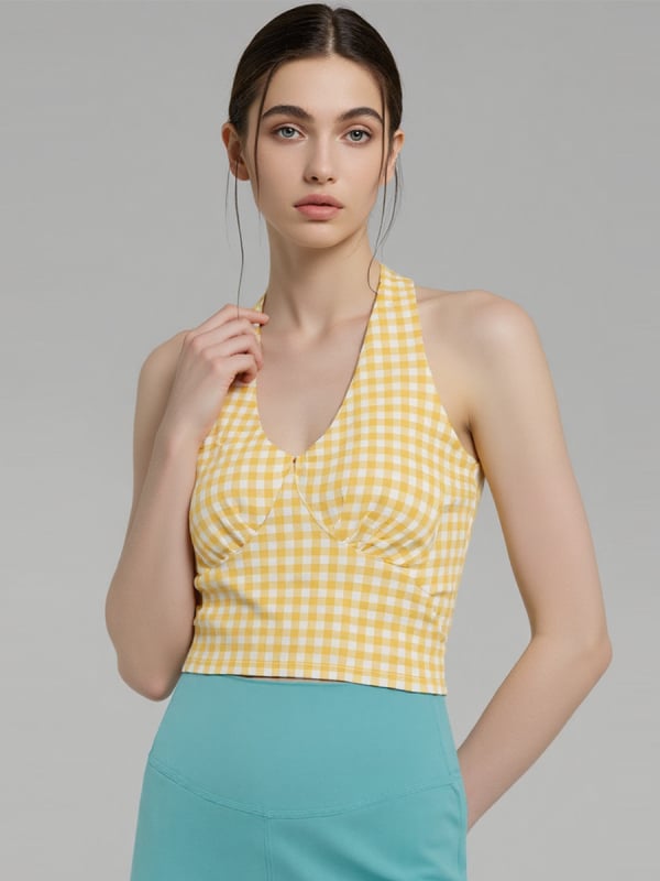 Γυναικείο τοπ γιόγκα με εκτύπωση σε πλέγμα, halter V-λαιμό, ανοιχτή πλάτη — ύφασμα που στεγνώνει γρήγορα, 20% σπάντεξ, για πιλάτες και γυμναστική