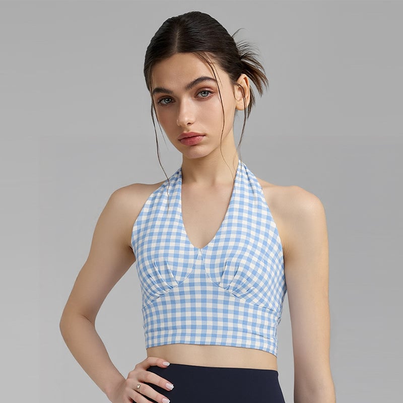 Γυναικείο τοπ γιόγκα με εκτύπωση σε πλέγμα, halter V-λαιμό, ανοιχτή πλάτη — ύφασμα που στεγνώνει γρήγορα, 20% σπάντεξ, για πιλάτες και γυμναστική