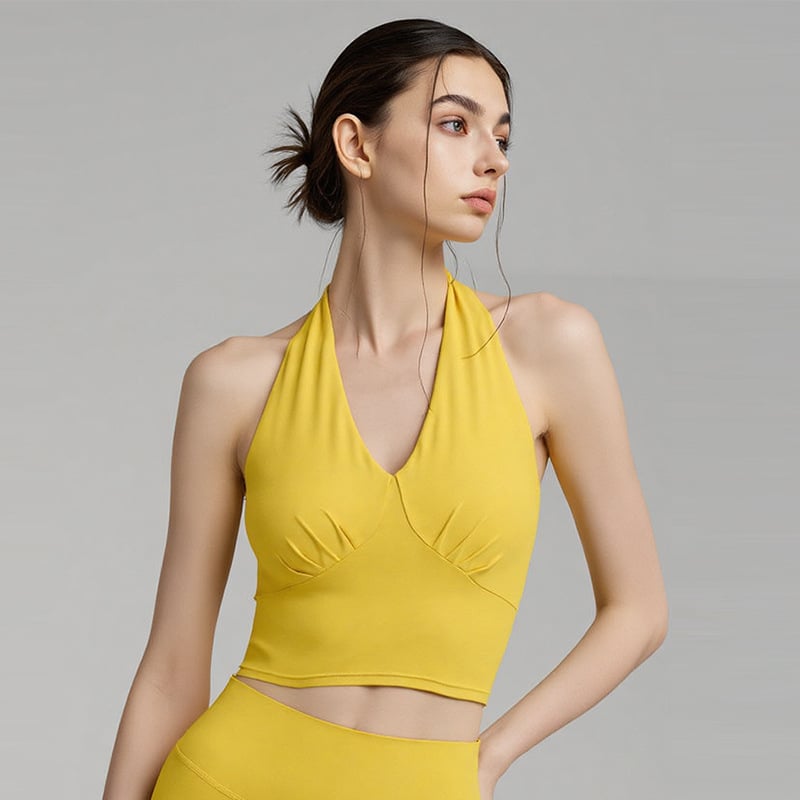 Γυναικείο τοπ γιόγκα με εκτύπωση σε πλέγμα, halter V-λαιμό, ανοιχτή πλάτη — ύφασμα που στεγνώνει γρήγορα, 20% σπάντεξ, για πιλάτες και γυμναστική