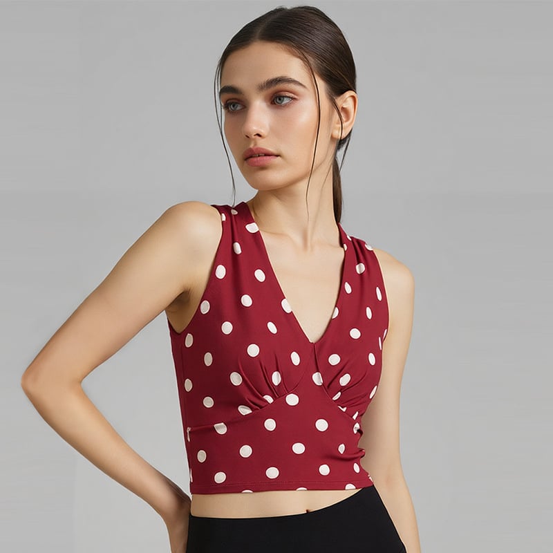 Γυναικείο τοπ γιόγκα με εκτύπωση σε πλέγμα, halter V-λαιμό, ανοιχτή πλάτη — ύφασμα που στεγνώνει γρήγορα, 20% σπάντεξ, για πιλάτες και γυμναστική