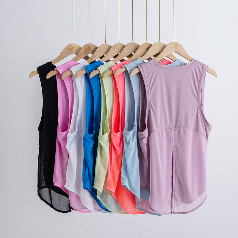 Γυναικείος αμάνικος τοπ γιόγκα, διαπνέον διχτυωτό ύφασμα νάιλον+σπάντεξ, γρήγορο στέγνωμα, μονοχρωματικό σχέδιο, για το τρέξιμο και τη γυμναστική