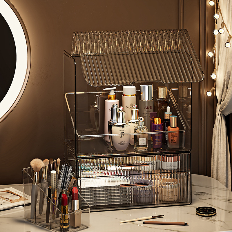 Οργανωτής καλλυντικών για αποθήκευση — θωράκιση σκόνης για κραγιόν και περιποίηση δέρματος, μεγάλη χωρητικότητα, επιτραπέζιος, καπάκι με διπλό άνοιγμα, With Lemon