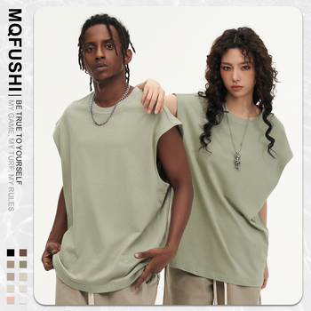 Βαμβακερό T‑shirt χωρίς μανίκια, χαλαρή γραμμή, στρογγυλή λαιμόκοψη, χωρίς σιδέρωμα (χαλαρή γραμμή; στρογγυλή λαιμόκοψη; χωρίς σιδέρωμα)