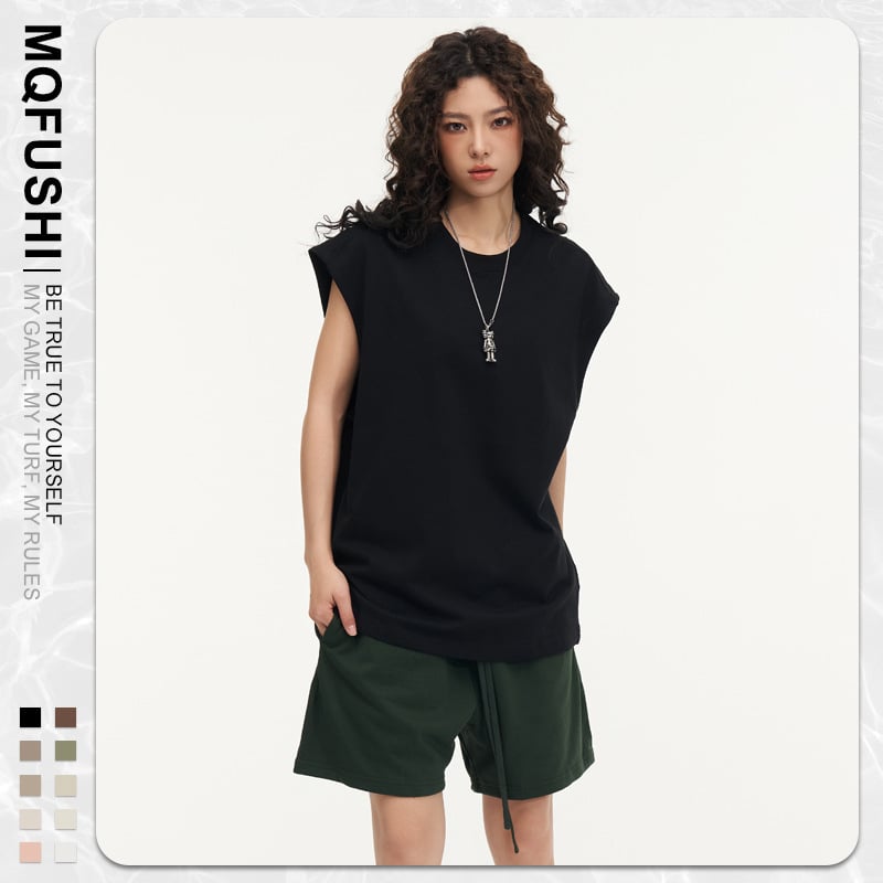 Βαμβακερό T‑shirt χωρίς μανίκια, χαλαρή γραμμή, στρογγυλή λαιμόκοψη, χωρίς σιδέρωμα (χαλαρή γραμμή; στρογγυλή λαιμόκοψη; χωρίς σιδέρωμα)