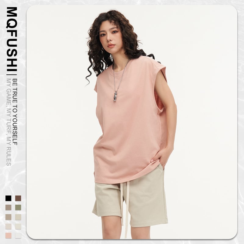 Βαμβακερό T‑shirt χωρίς μανίκια, χαλαρή γραμμή, στρογγυλή λαιμόκοψη, χωρίς σιδέρωμα (χαλαρή γραμμή; στρογγυλή λαιμόκοψη; χωρίς σιδέρωμα)