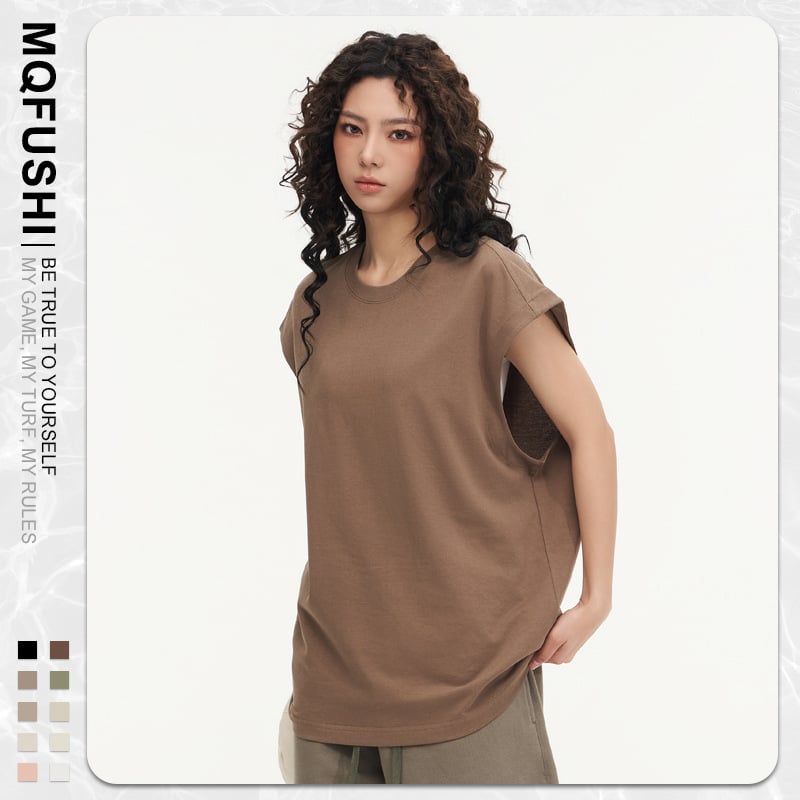 Βαμβακερό T‑shirt χωρίς μανίκια, χαλαρή γραμμή, στρογγυλή λαιμόκοψη, χωρίς σιδέρωμα (χαλαρή γραμμή; στρογγυλή λαιμόκοψη; χωρίς σιδέρωμα)