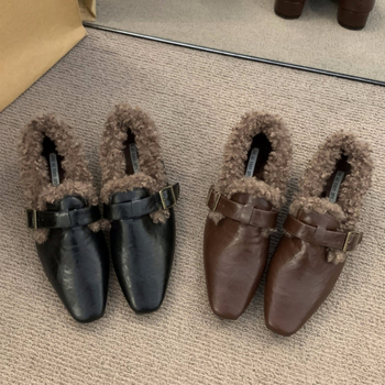 Ženske PU kožne loaferice s četvrtastim vrhom, podstavljene krznom, srednje visoki debeli potplat, gumena podloga