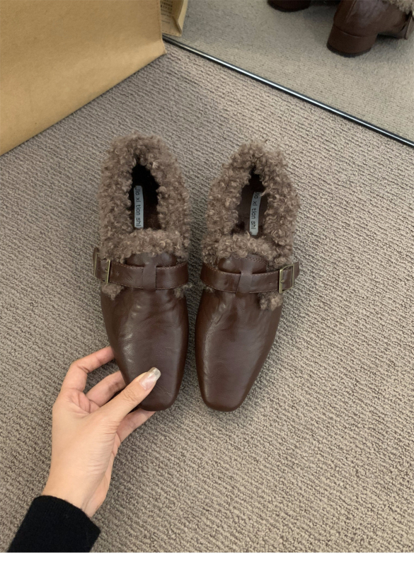 Ženske PU kožne loaferice s četvrtastim vrhom, podstavljene krznom, srednje visoki debeli potplat, gumena podloga