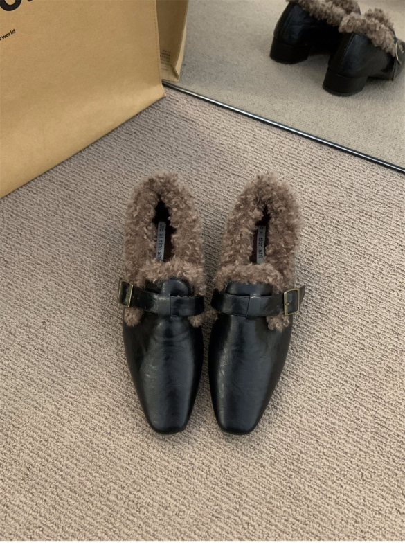 Ženske PU kožne loaferice s četvrtastim vrhom, podstavljene krznom, srednje visoki debeli potplat, gumena podloga