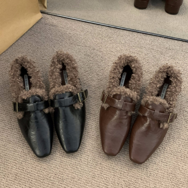 Ženske PU kožne loaferice s četvrtastim vrhom, podstavljene krznom, srednje visoki debeli potplat, gumena podloga