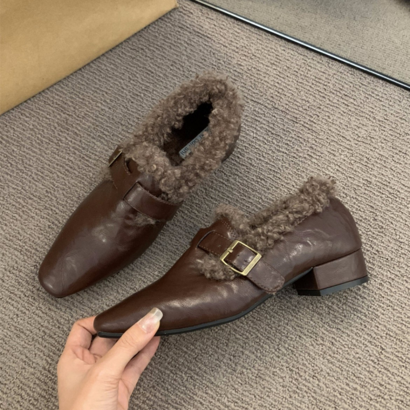 Ženske PU kožne loaferice s četvrtastim vrhom, podstavljene krznom, srednje visoki debeli potplat, gumena podloga