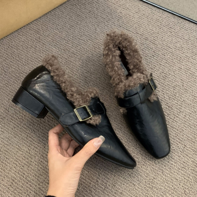 Ženske PU kožne loaferice s četvrtastim vrhom, podstavljene krznom, srednje visoki debeli potplat, gumena podloga