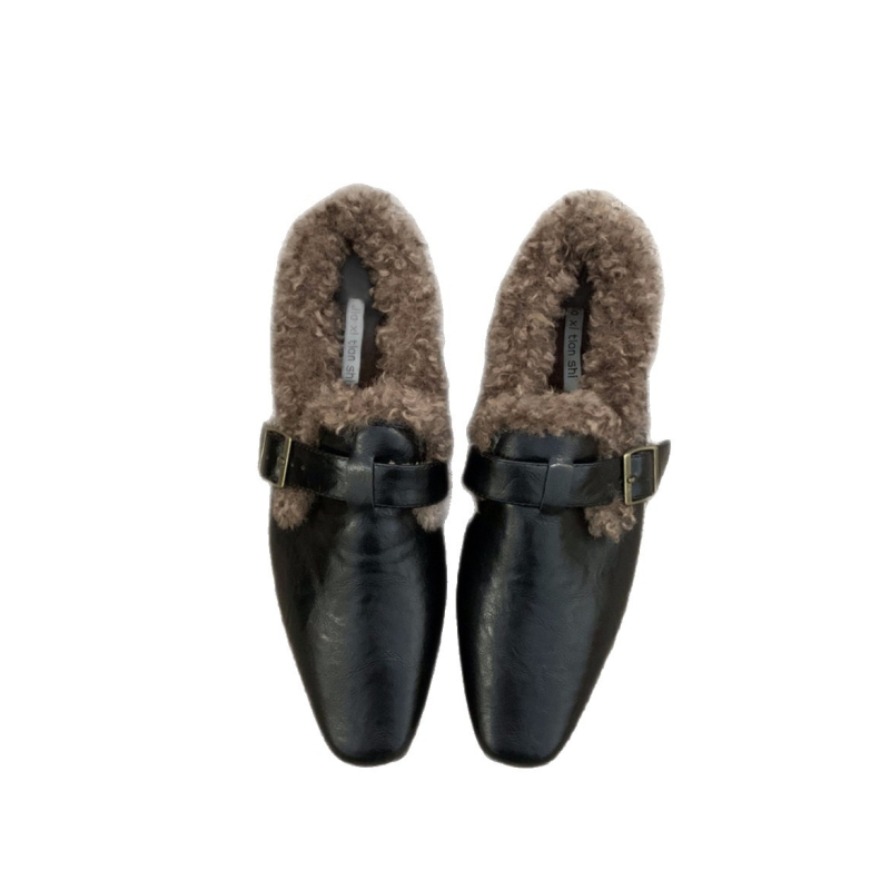 Ženske PU kožne loaferice s četvrtastim vrhom, podstavljene krznom, srednje visoki debeli potplat, gumena podloga