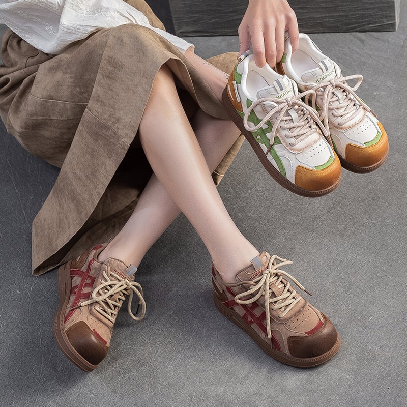 Ženske casual cipele s okruglim vrhom, gornji dio od kože goveda, PU podstava, gumeni potplat, niski dio, ravna peta, boja u kombinaciji