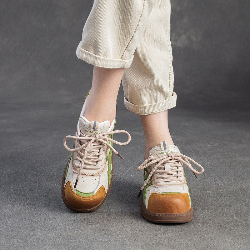 Ženske casual cipele s okruglim vrhom, gornji dio od kože goveda, PU podstava, gumeni potplat, niski dio, ravna peta, boja u kombinaciji