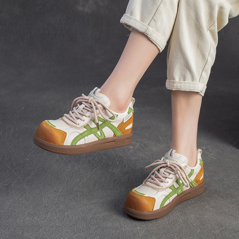 Ženske casual cipele s okruglim vrhom, gornji dio od kože goveda, PU podstava, gumeni potplat, niski dio, ravna peta, boja u kombinaciji