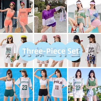 Дамски тричастен плувен комплект с принт мечка, корейски стил, подплатено бюстие, плат milk silk със 92% спандекс