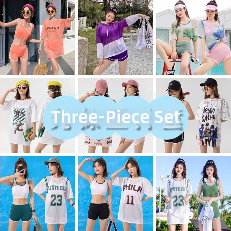 Дамски тричастен плувен комплект с принт мечка, корейски стил, подплатено бюстие, плат milk silk със 92% спандекс