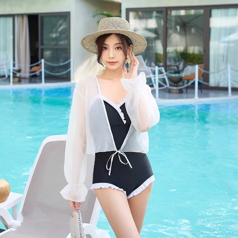 Дамски тричастен плувен комплект с принт мечка, корейски стил, подплатено бюстие, плат milk silk със 92% спандекс