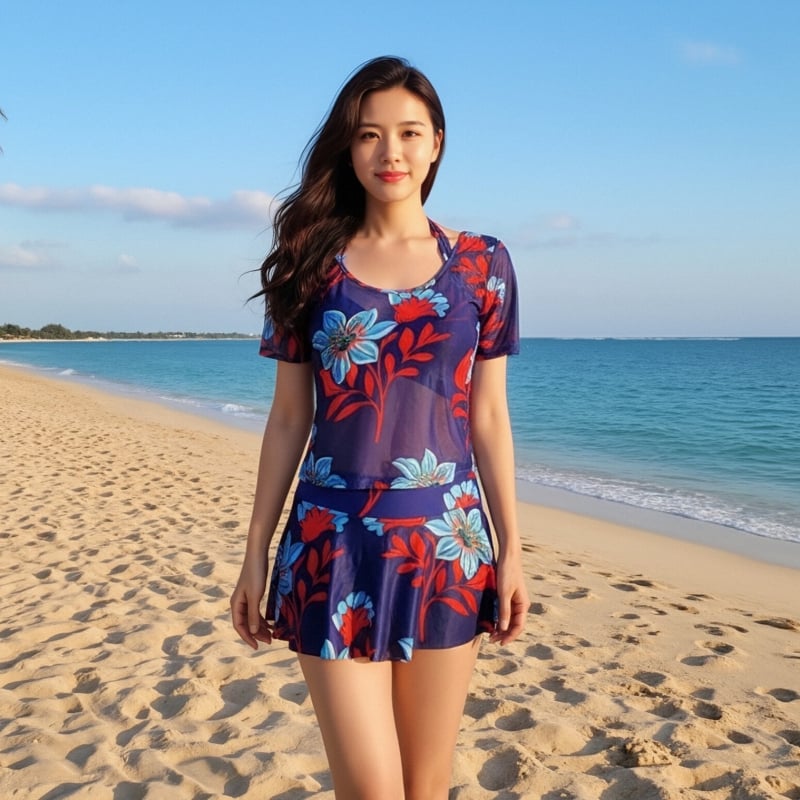 Дамски тричастен плувен комплект с принт мечка, корейски стил, подплатено бюстие, плат milk silk със 92% спандекс