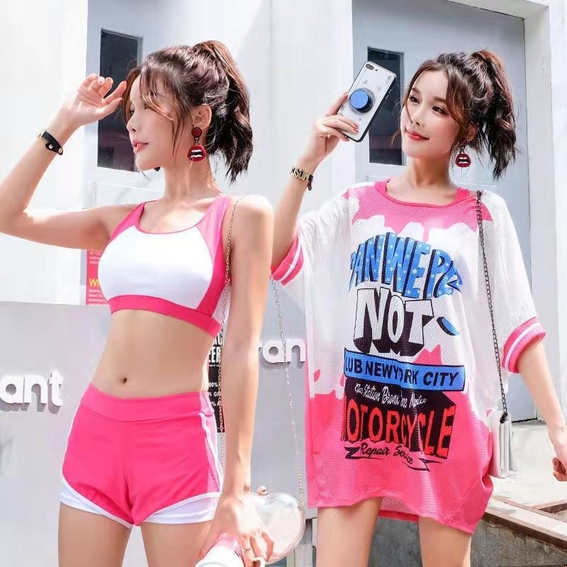 Дамски тричастен плувен комплект с принт мечка, корейски стил, подплатено бюстие, плат milk silk със 92% спандекс