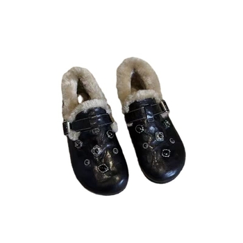 Ženski loaferi s vunenom podstavom, okrugli vrh, PU gornji dio, gumeni potplat, slip-on, niski potpetica 1–3 cm, zimska toplina