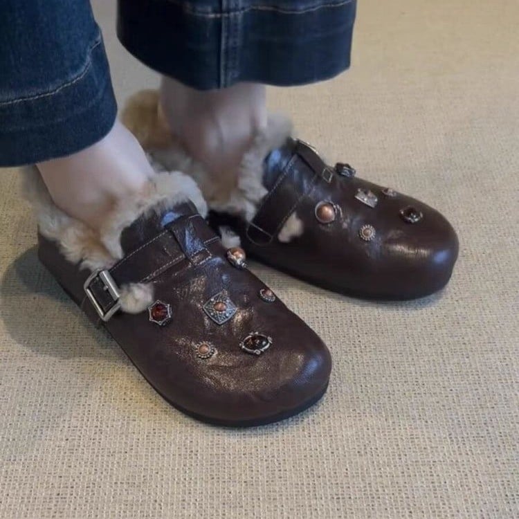 Ženski loaferi s vunenom podstavom, okrugli vrh, PU gornji dio, gumeni potplat, slip-on, niski potpetica 1–3 cm, zimska toplina