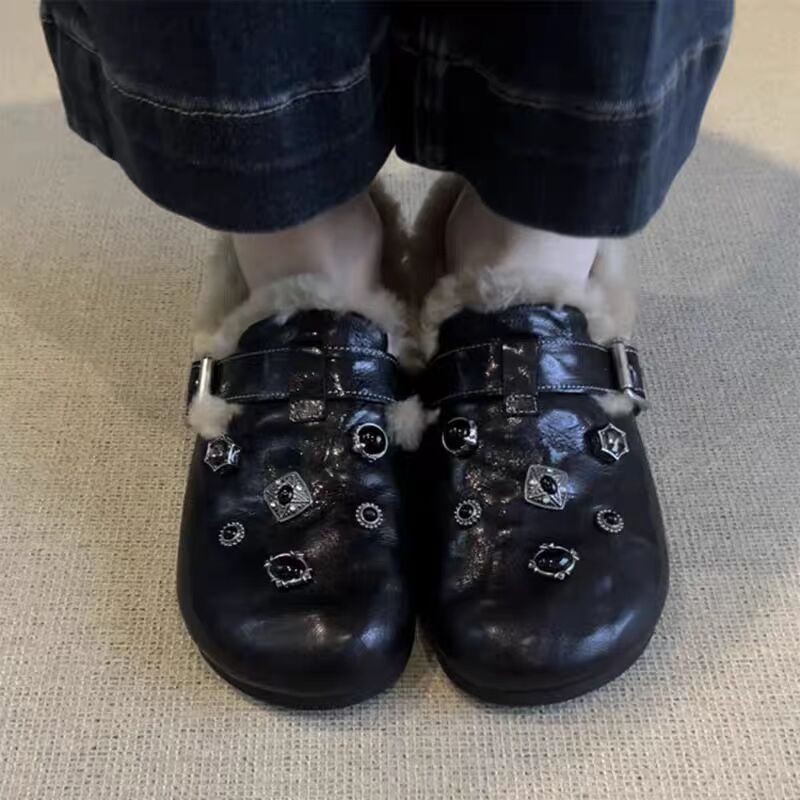 Ženski loaferi s vunenom podstavom, okrugli vrh, PU gornji dio, gumeni potplat, slip-on, niski potpetica 1–3 cm, zimska toplina