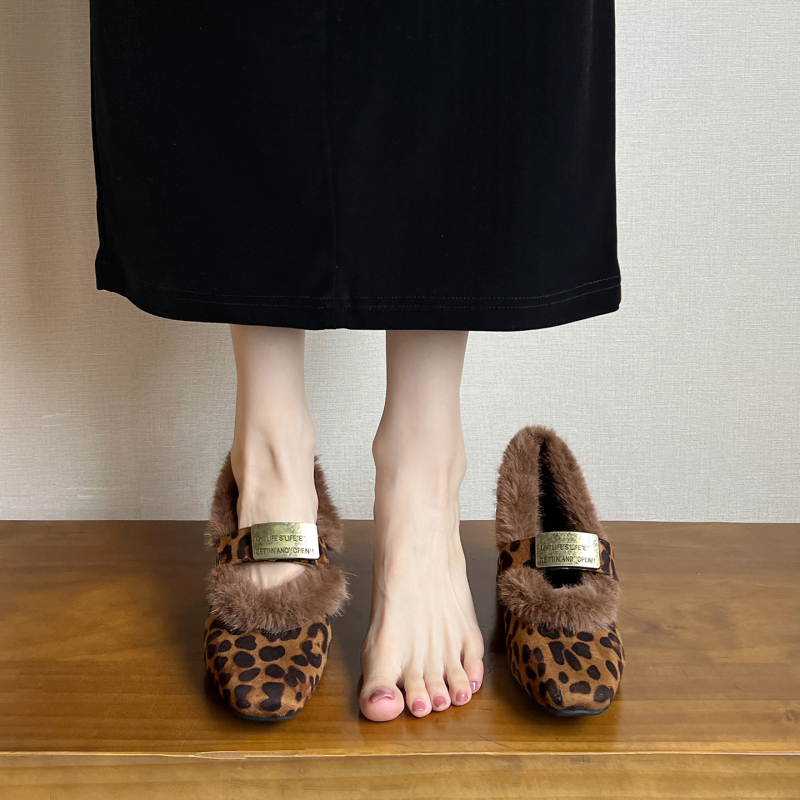 Ženske Mary Jane cipele s povećanjem od 7 cm, leopard uzorak, gornji dio od kože split sa filmom, podstava od ovčje vune, slip-on