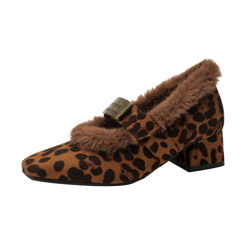 Ženske Mary Jane cipele s povećanjem od 7 cm, leopard uzorak, gornji dio od kože split sa filmom, podstava od ovčje vune, slip-on