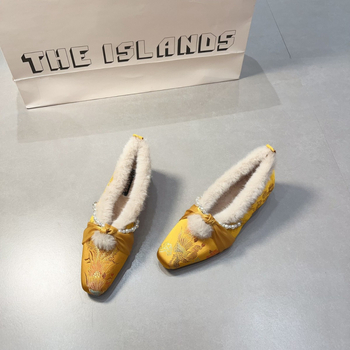 Ženske cipele od brušenog materijala s kvadratnim nosom, cvjetni izvezeni motiv, unutarnja podstava od umjetnog flisa, nizak debeli pet, slip-on, za zimu i jesen