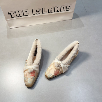 Ženske cipele od brušenog materijala s kvadratnim nosom, cvjetni izvezeni motiv, unutarnja podstava od umjetnog flisa, nizak debeli pet, slip-on, za zimu i jesen