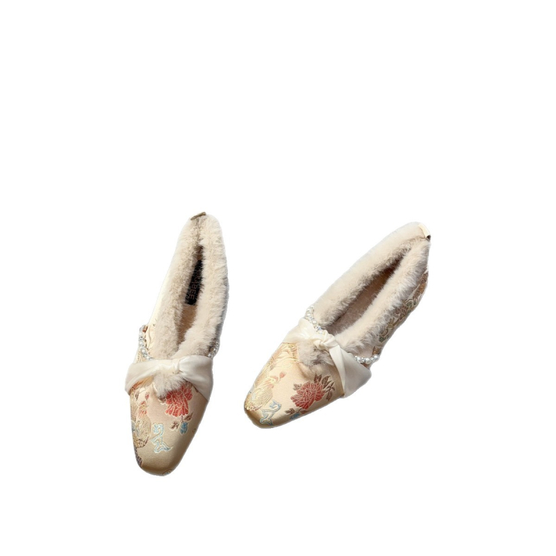 Ženske cipele od brušenog materijala s kvadratnim nosom, cvjetni izvezeni motiv, unutarnja podstava od umjetnog flisa, nizak debeli pet, slip-on, za zimu i jesen