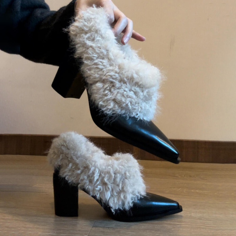 Ženske PU cipele s oštrim vrhom, slip-on, 3–6 cm visokim petom, gumeni potplat, unutrašnja od Super Fiber, za jesen-zimu