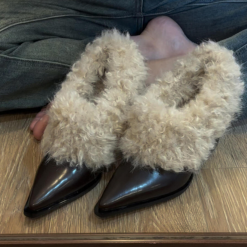 Ženske PU cipele s oštrim vrhom, slip-on, 3–6 cm visokim petom, gumeni potplat, unutrašnja od Super Fiber, za jesen-zimu